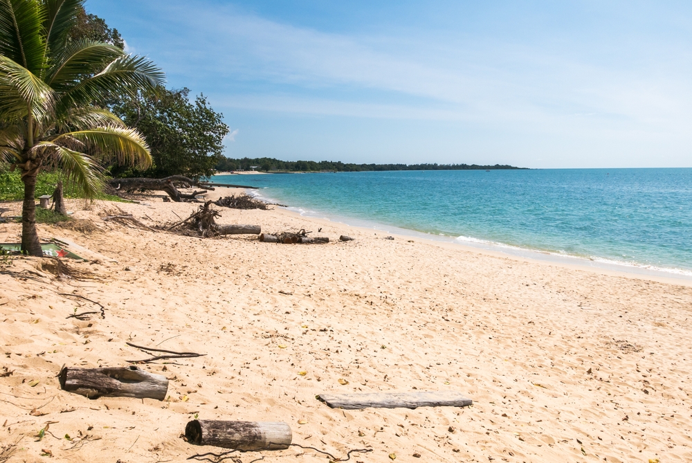 Desaru beach with crystal clear turquoise water color.  A coastal bliss in Johor-Malaysia. Nature background landscape