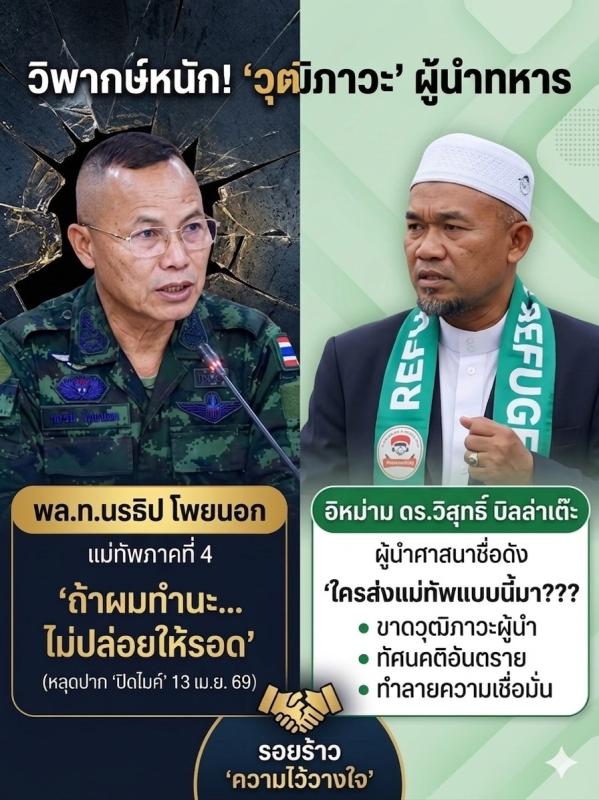 ประเด็นร้อนแรงที่กลายเป็นที่วิพากษ์วิจารณ์อย่างหนักในพื้นที่จังหวัดชายแดนภาคใต้ (จชต.) เมื่อผู้นำศาสนาชื่อดังออกมาตั้งคำถามถึง "วุฒิภาวะ" ของผู้นำทหาร หลังมีการหลุดคำพูดที่สุ่มเสี่ยงต่อการละเมิดหลักการยุติธรรม