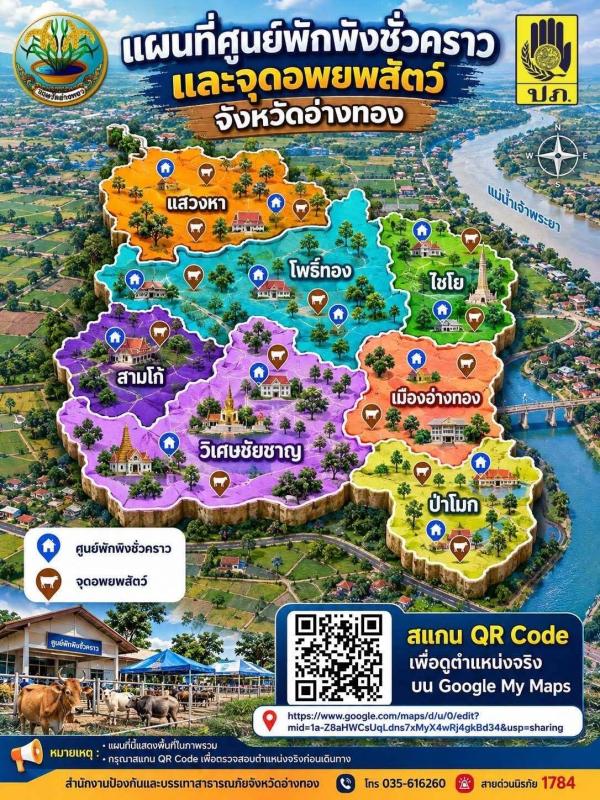 >>> ปภ_อ่างทอง จัดทำแผนที่สำคัญเชื่อมโยง Google maps (ศูนย์พักพิงชั่วคราวและจุดอพยพสัตว์ในพื้นที่จังหวัดอ่างทอง) #สแกนตรวจสอบได้Real_time <<<