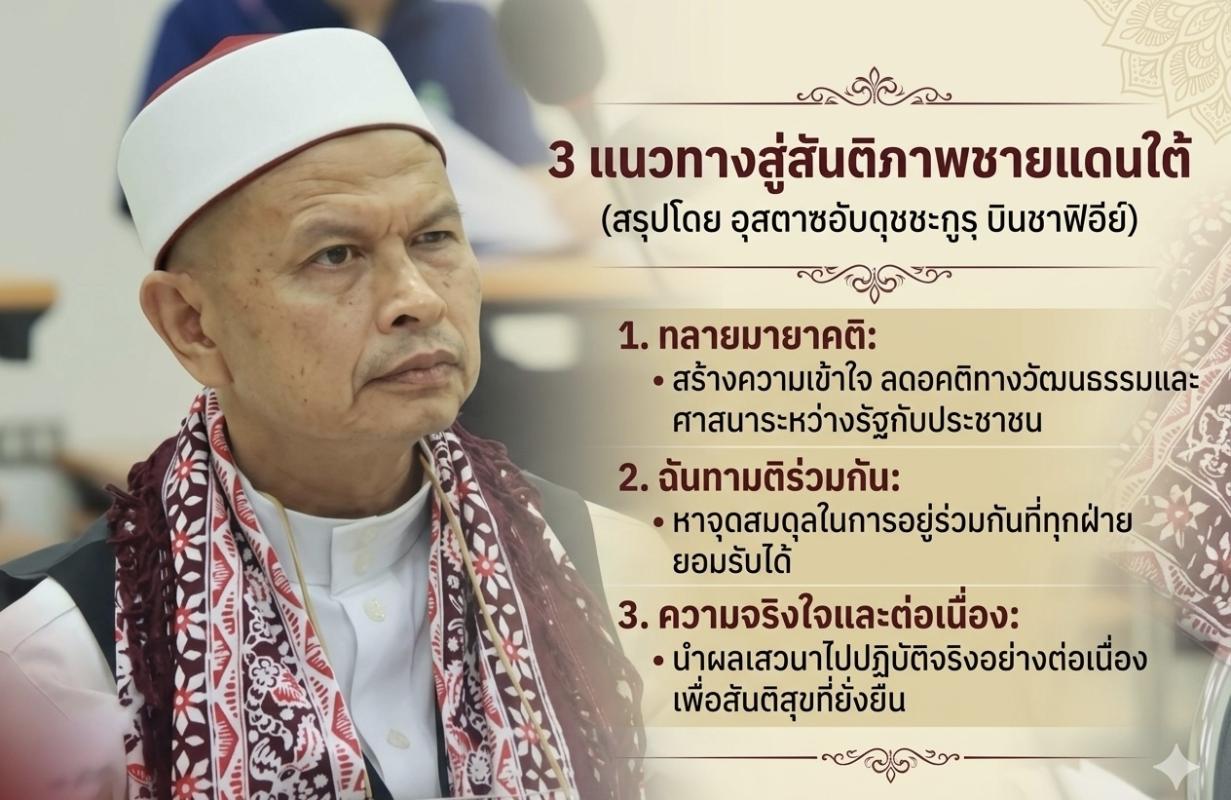 3 ข้อที่พึงปรารถนา ทลายมายาคติ ฉันทามติร่วม และความจริงใจและต่อเนื่อง สำหรับเวทีดังกล่าวมีจากตัวแทนหลากหลายภาคส่วนที่เข้าร่วมแลกเปลี่ยน ทั้งจากหน่วยงานความมั่นคง ฝ่ายปกครองและพัฒนา ภาคการศึกษา โดยเฉพาะ สมาคมโรงเรียนปอเนาะ, สมาคมโรงเรียนตาดีกา ภาคสังคม เช่น สมาคมชาวพุทธ เป็นต้น  อุสตาซอับดุชชะกูรฺ บิ