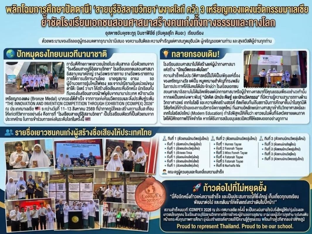 พลิกโฉมการศึกษาปัตตานี! "สายบุรีอิสลามวิทยา" ผงาดเวทีโลก คว้า 3 เหรียญทองแดงนวัตกรรมมาเลเซีย ย้ำชัดโรงเรียนเอกชนสอนศาสนาสร้างคนเก่งทั้งทางธรรมและทางโลก 