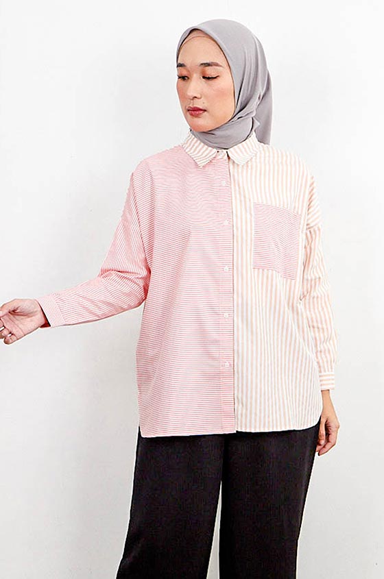 KEMEJA WANITA MERIDA MIX STRIPE BEIGE