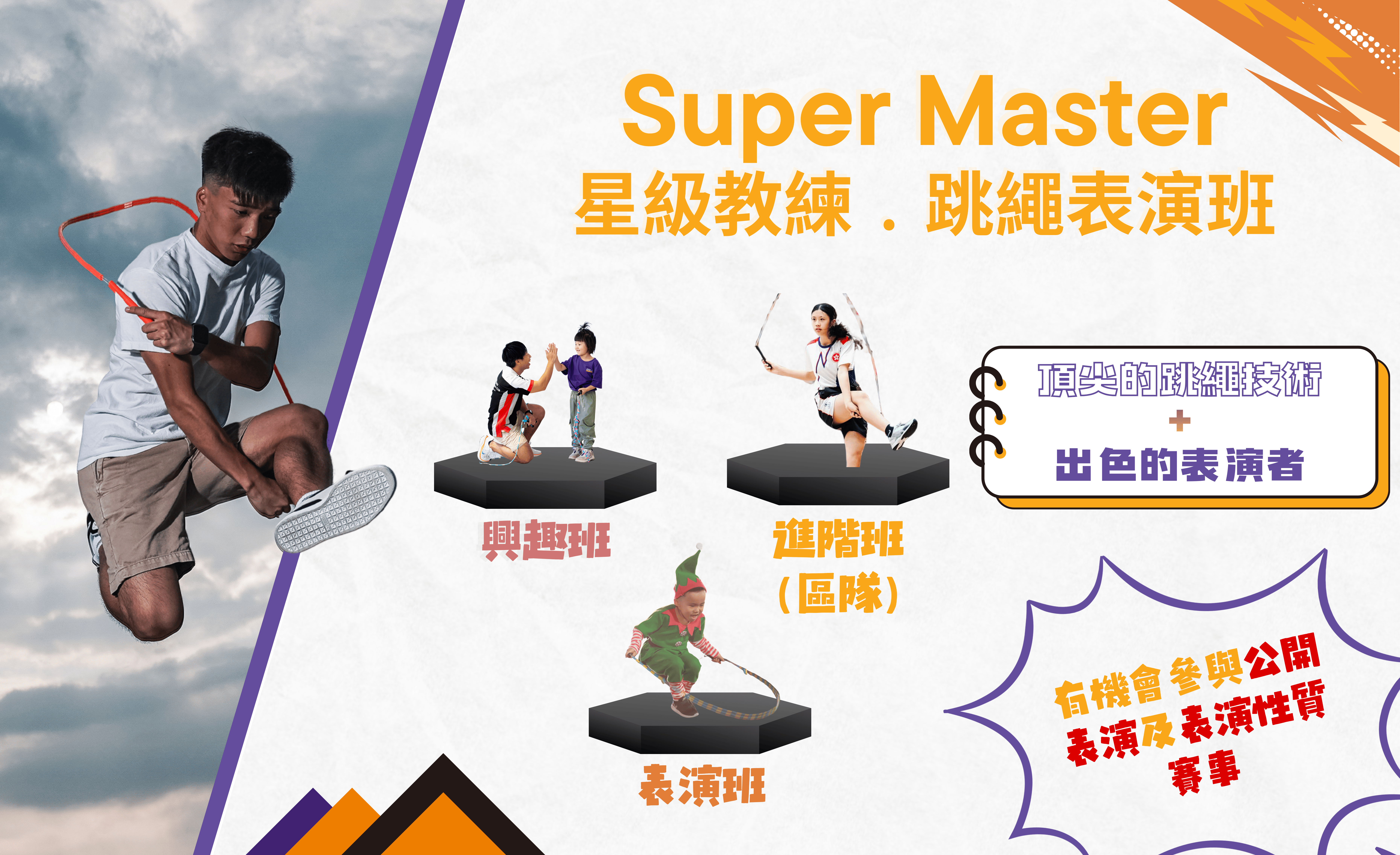 香港跳繩表演訓練課程宣傳圖，Super Master 星級教練班，展示由興趣班到運動員代表隊的進階路線，包含公開表演與花式跳繩賽事機會，適合4歲以上兒童及青少年參加。