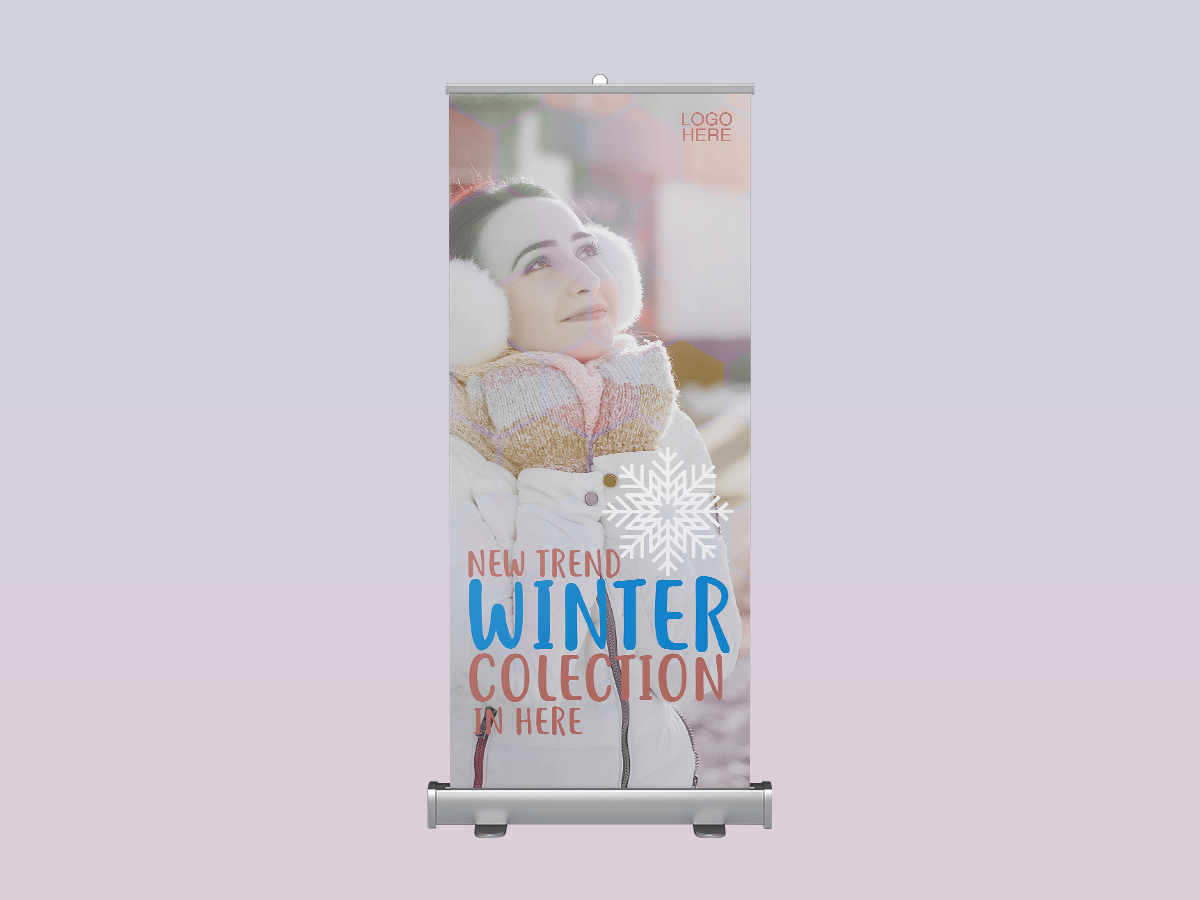 winter collection, rollup banner, standee, winter, snow, cold, fashion, sale, model