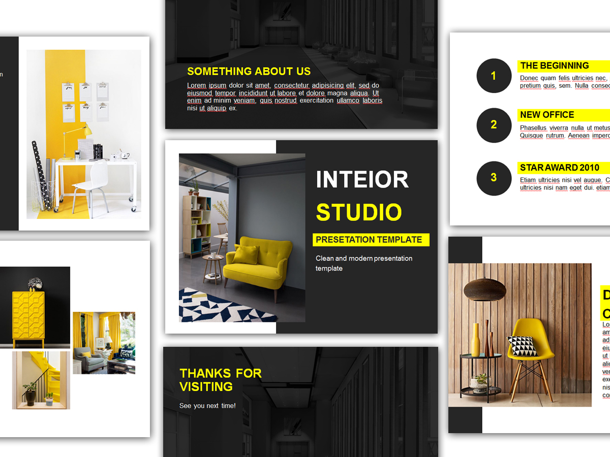 INTEIOR STUDIO, ppt template, yellow, power point, furniture, design, house, studio