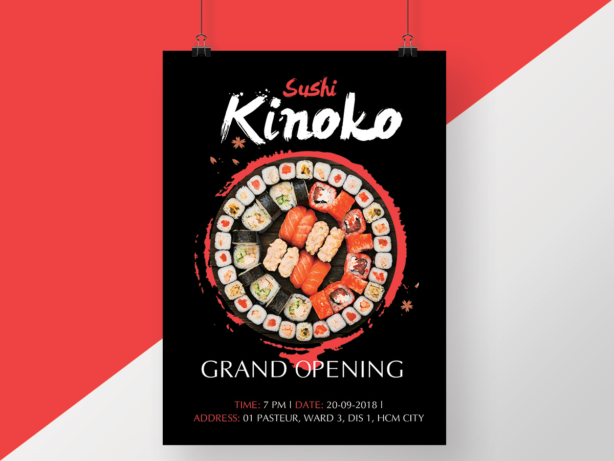 sushi restaurant grand opening poster xcreative