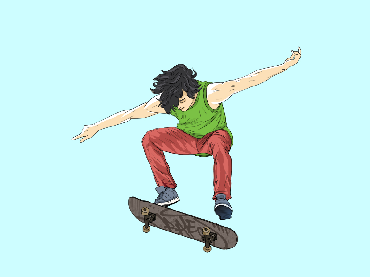 Young Man, Jumping, With Skateboard, Illustration, sport