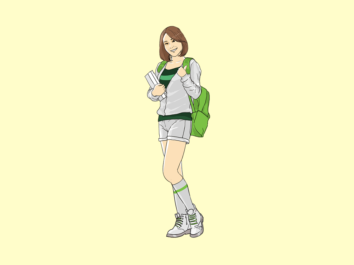 Young Student, Girl, Asian, Standing, Illustration