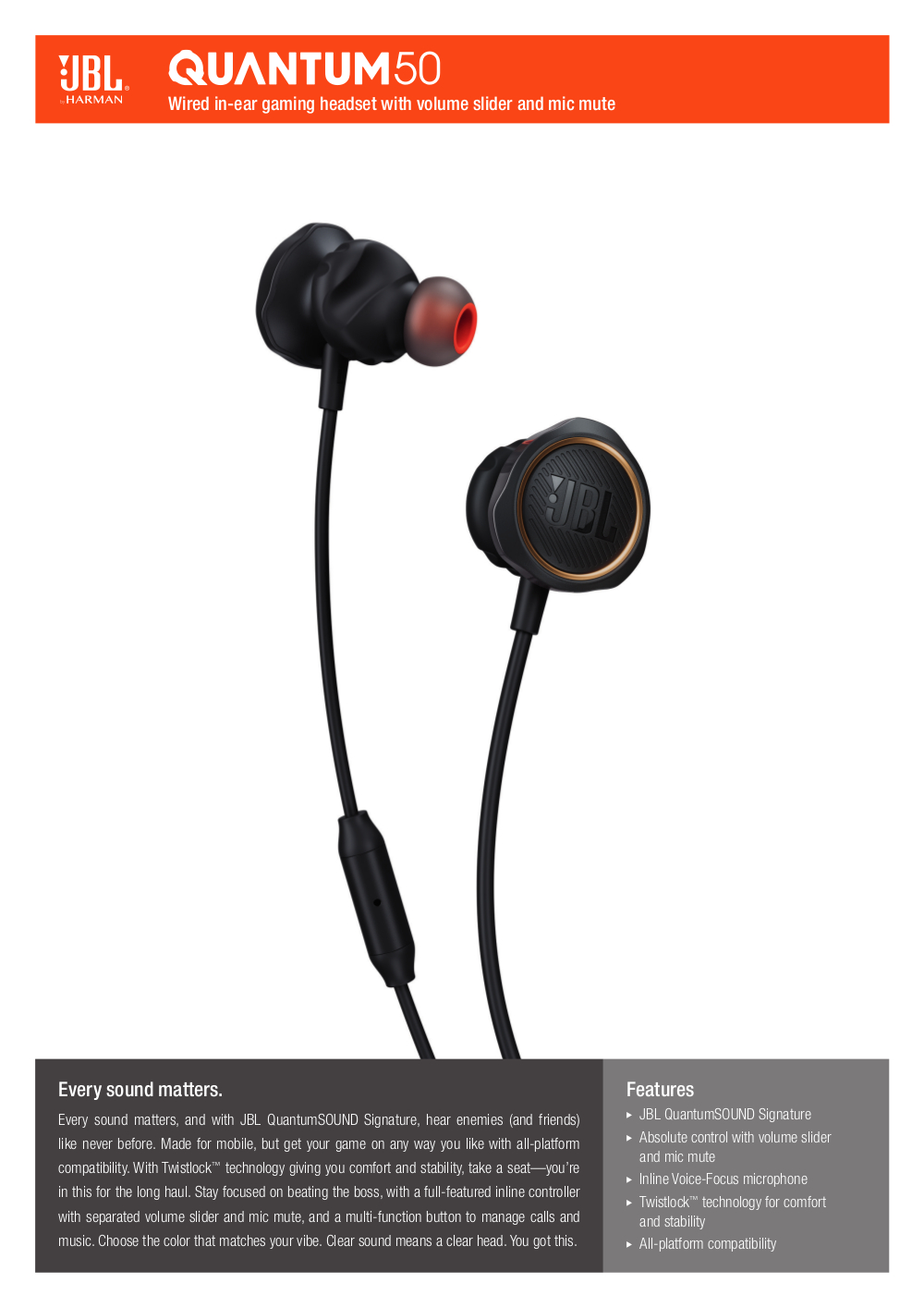 Audio | Earphones | JBL Quantum 50 Gaming Earphones (Black) - Hachi.tech