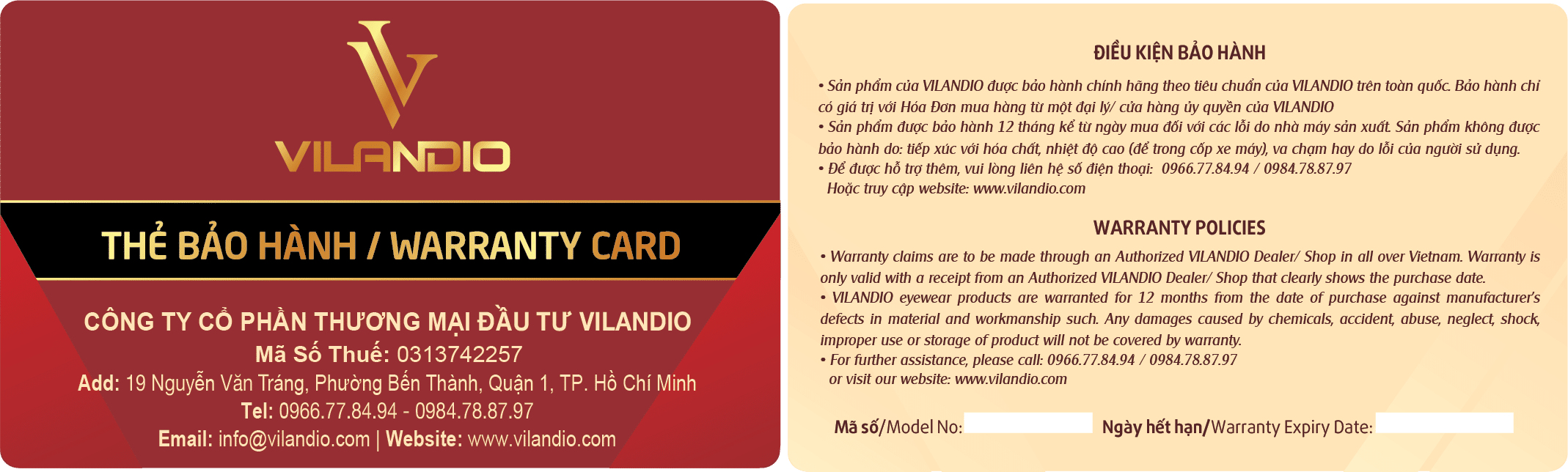 Thiết kế thẻ bảo hành Vilandio