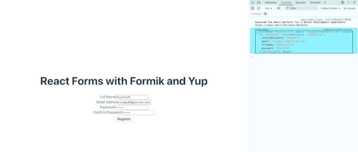 React Forms with Validation Using Formik and Yup - form result in console
