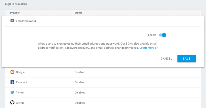 Ionic 2 Firebase Email Authentication - Enable email auth