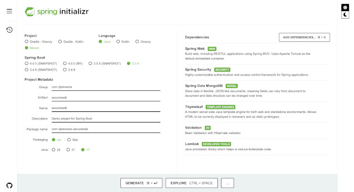 Spring Boot 3.5.4, Spring Security 6, and MongoDB Authentication - spring initializr