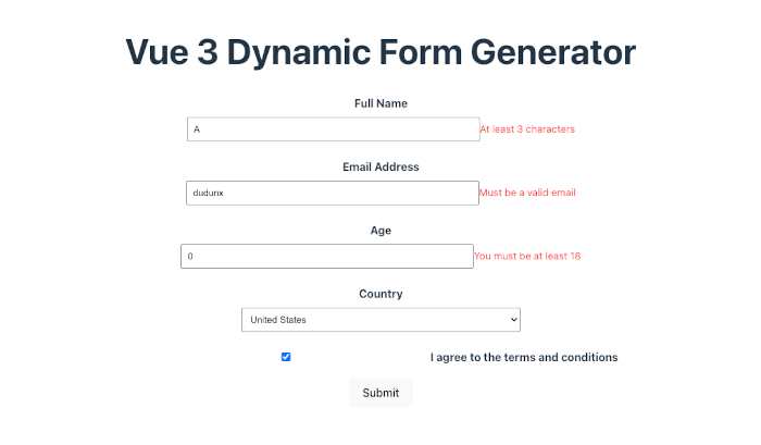 Build a Dynamic Form Generator in Vue 3 with Validation - yup validation