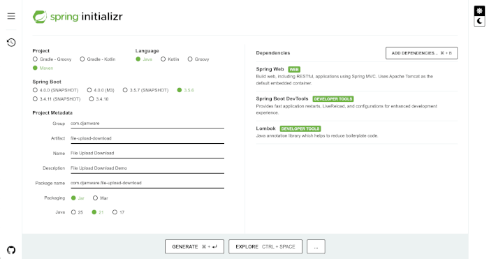 Java File Upload and Download with Spring Boot REST API - spring initialzr