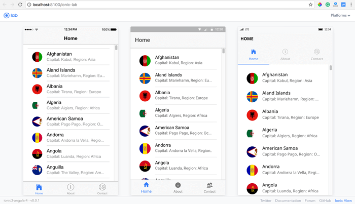 Ionic 3 and Angular 4 Mobile App Example - Run on browser