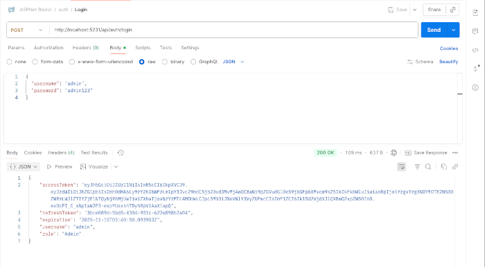 Build a Secure Blazor WebAssembly App with ASP.NET Core 10 and JWT Authentication - Postman Login