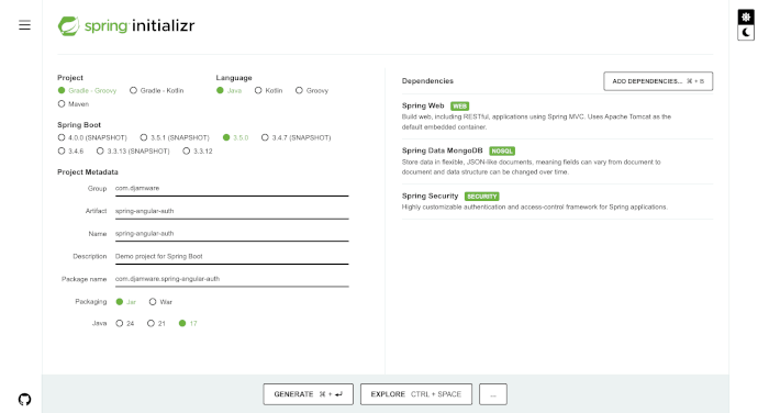 Build Authentication with Spring Boot 3.5.0, MongoDB, and Angular 20 - Spring Initializr