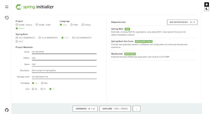 Realtime Chat App with Java WebSocket and Spring Boot - Spring Initializr