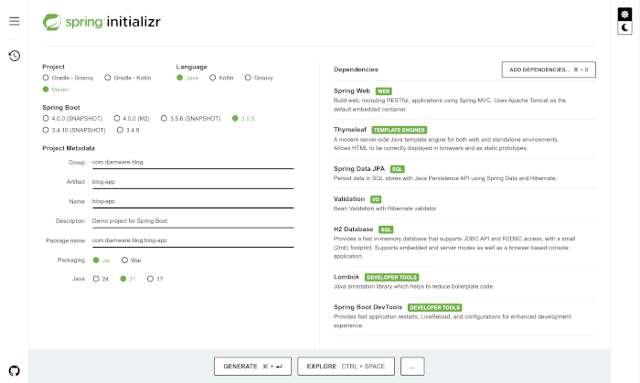 Create a Blog Application Using Spring Boot and Thymeleaf - Spring Initailzr
