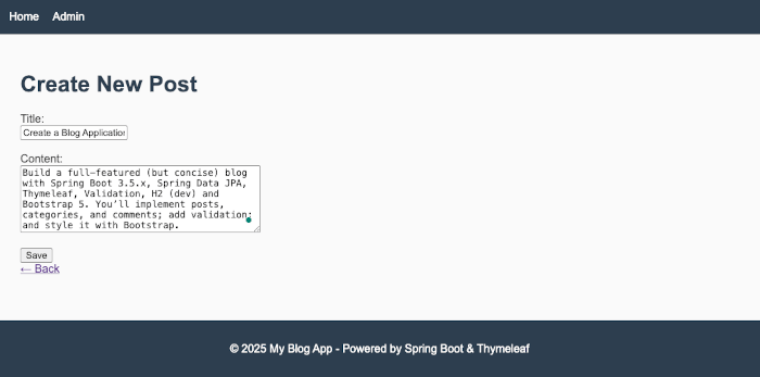 Create a Blog Application Using Spring Boot and Thymeleaf - admin new