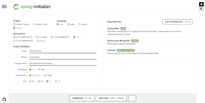 How to Build a URL Shortener in Java with Spring Boot and MongoDB - spring initalizr