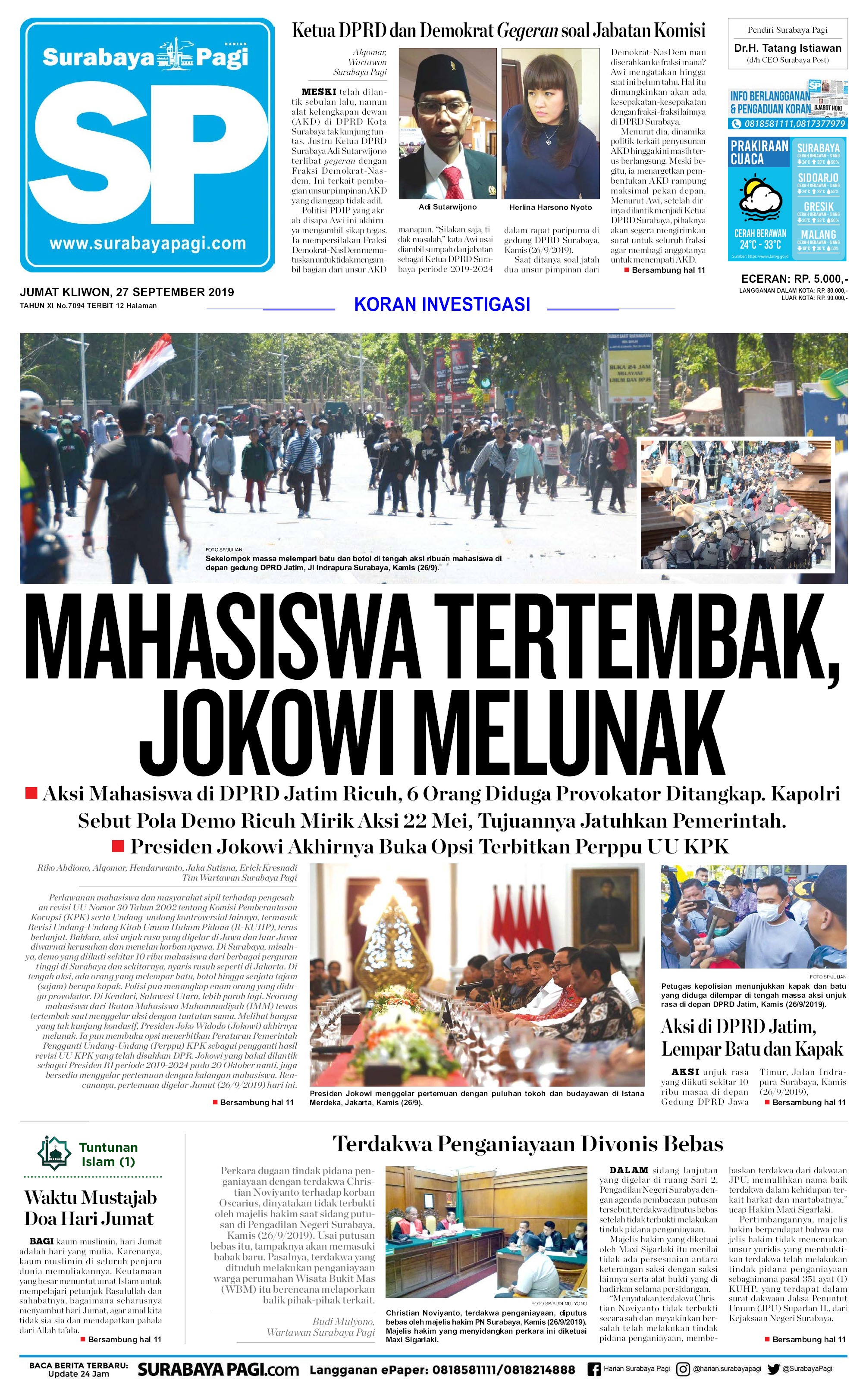 Jual Koran Surabaya Pagi 27 September 2019 Gramedia Digital Indonesia