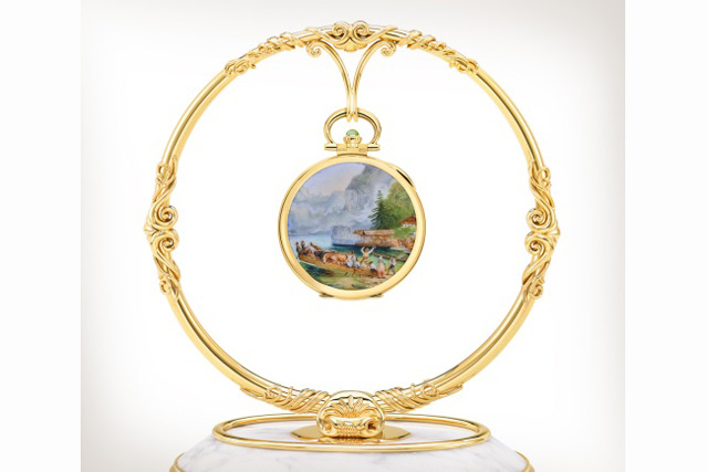 The Patek Philippe Königsee In Bavaria pocket watch reproduces the 1860 artwork by Austrian painter Friedrich Gauermann