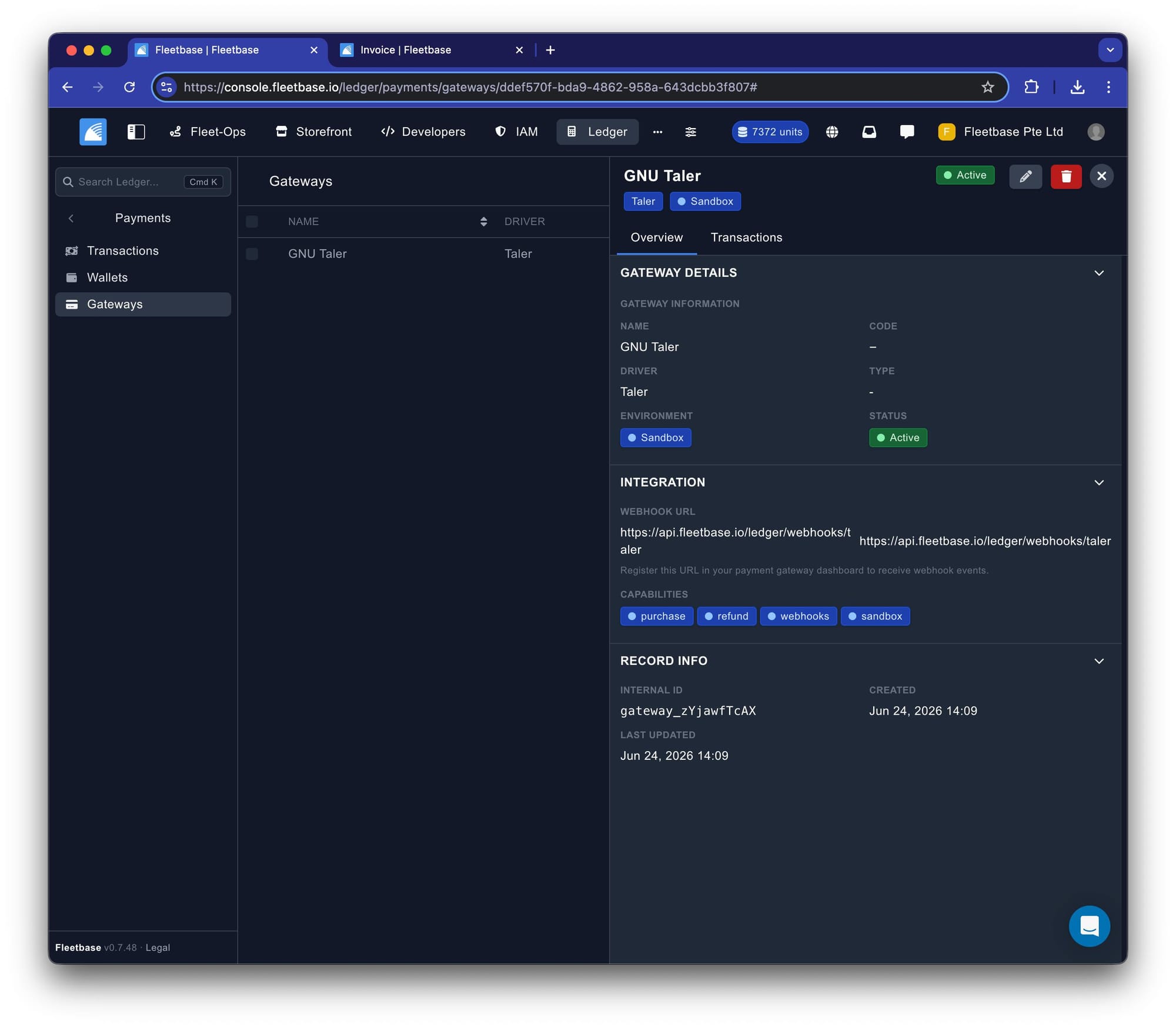 GNU Taler payment gateway configured inside Fleetbase Ledger.
