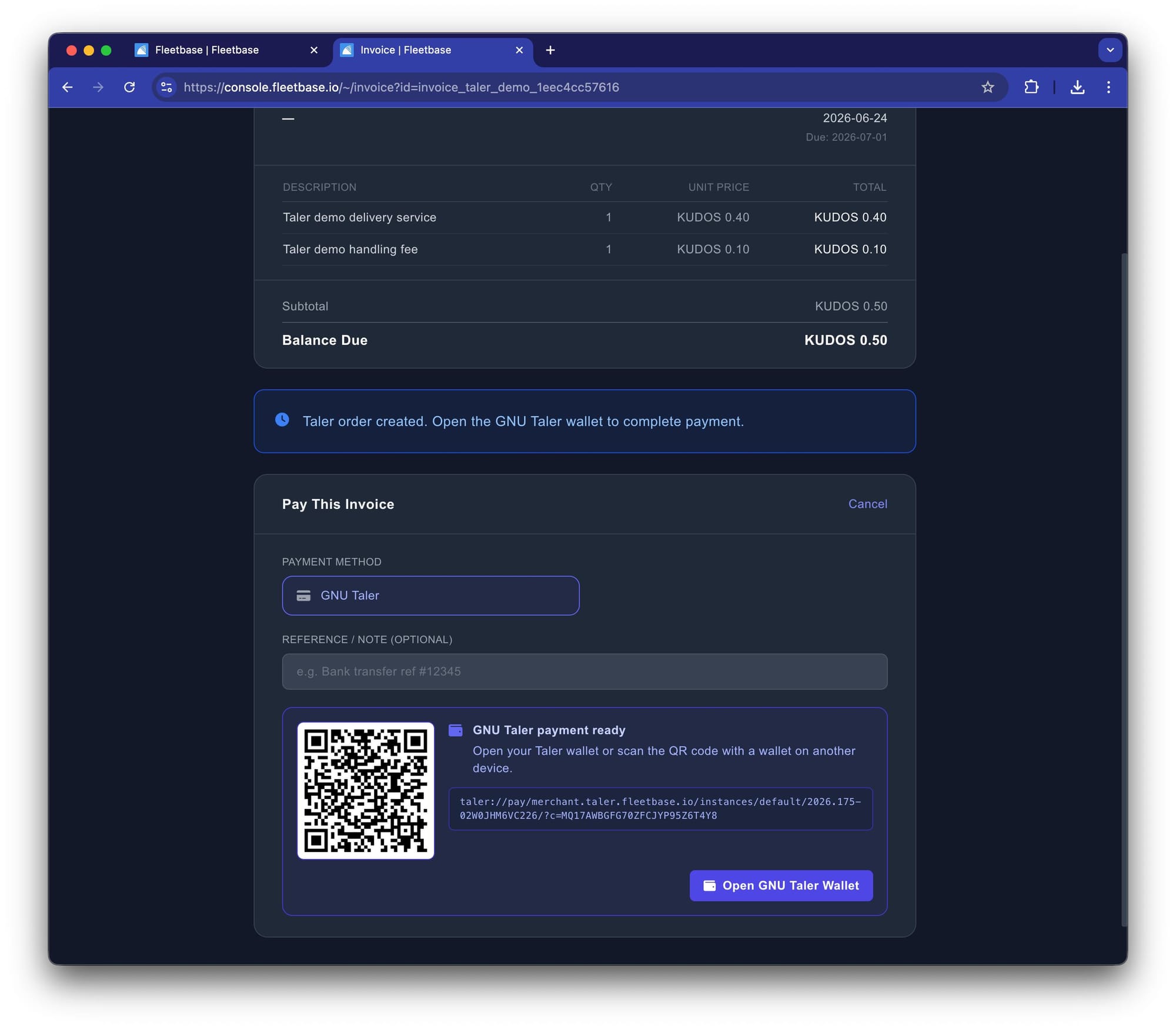 A public Fleetbase invoice presenting a GNU Taler payment panel with a QR code and a taler://pay URI.
