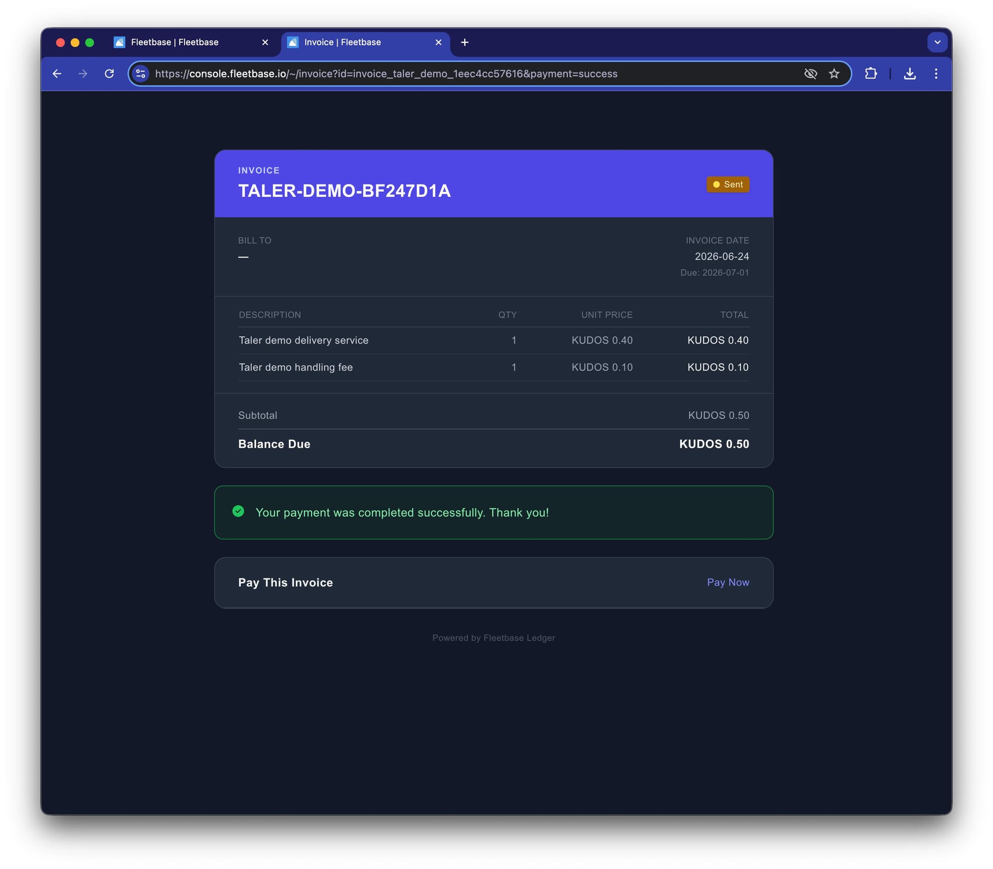 Ledger invoice detail in KUDOS currency with a linked Taler order and a payment summary.
