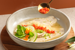 steamed seabass fillet with superior soy sauce or chili lime garlic sauce