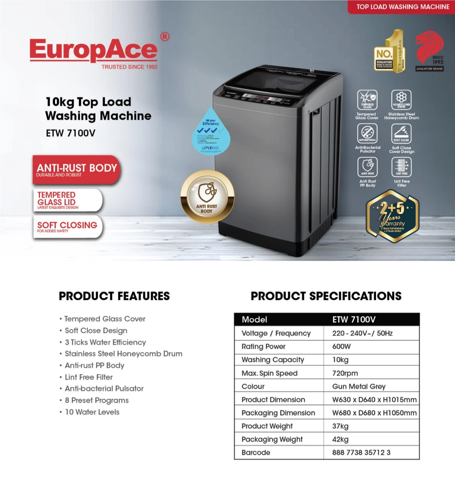EuropAce ETW 7100V 10KG Top Load Washing Machine Gun Metal Grey