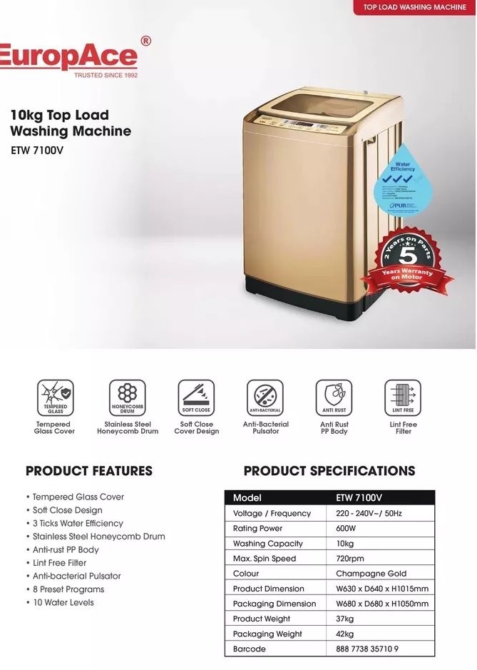 EuropAce ETW 7100V 10KG Top Load Washing Machine Harvey Norman Singapore