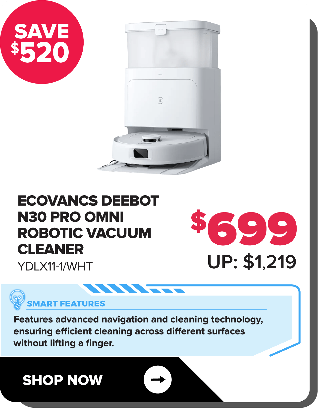 Ecovacs Deebot N30 Pro Omni Robotic Vacuum Cleaner - White (YDLX11-1/WHT)