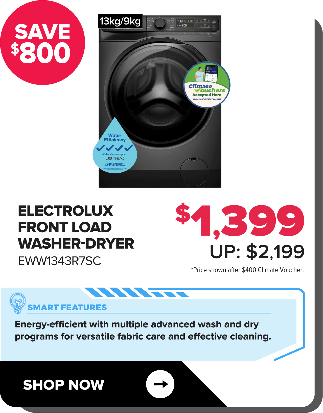 Electrolux 13/9 KG Front Load Washer-Dryer - Onyx (EWW1343R7SC)