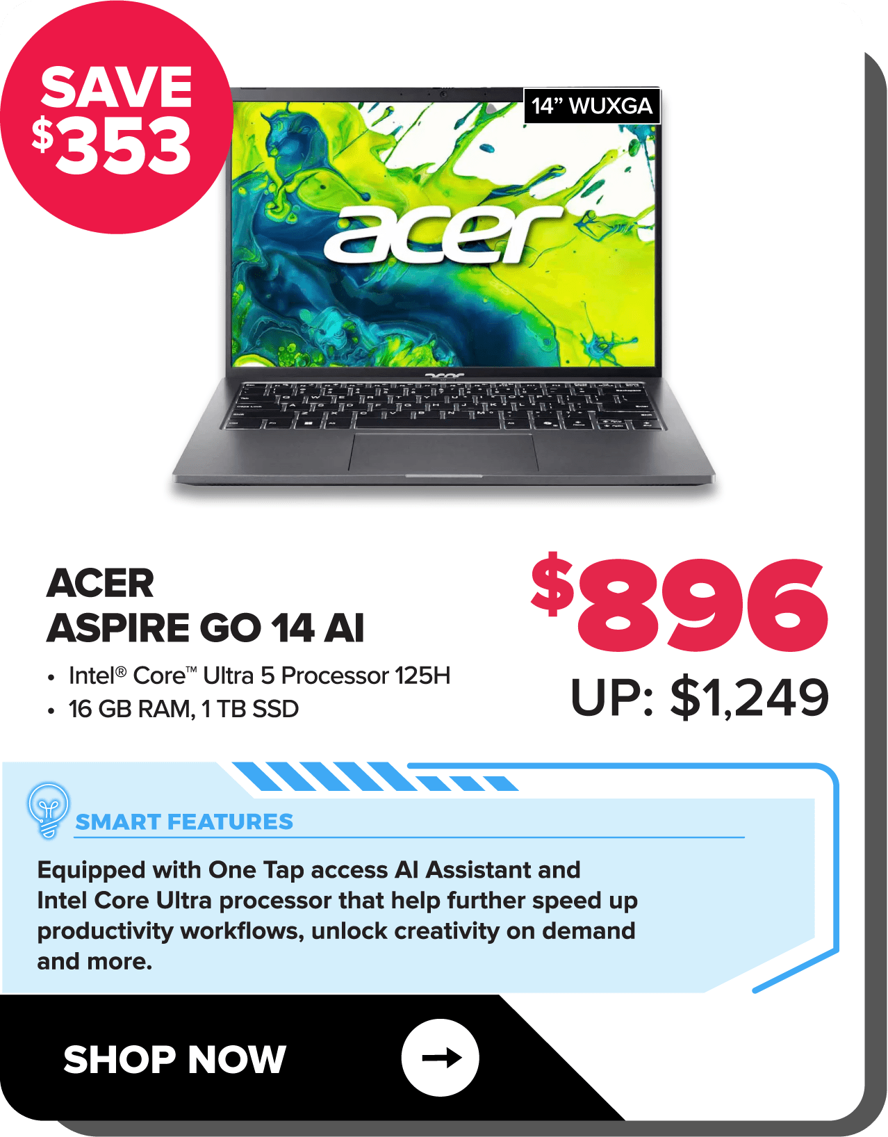 Acer Aspire Go 14 Intel Core Ultra 5 125H/16GB/1TB SSD 14-inch Laptop - Steel Gray (AG14-71M-55UX)