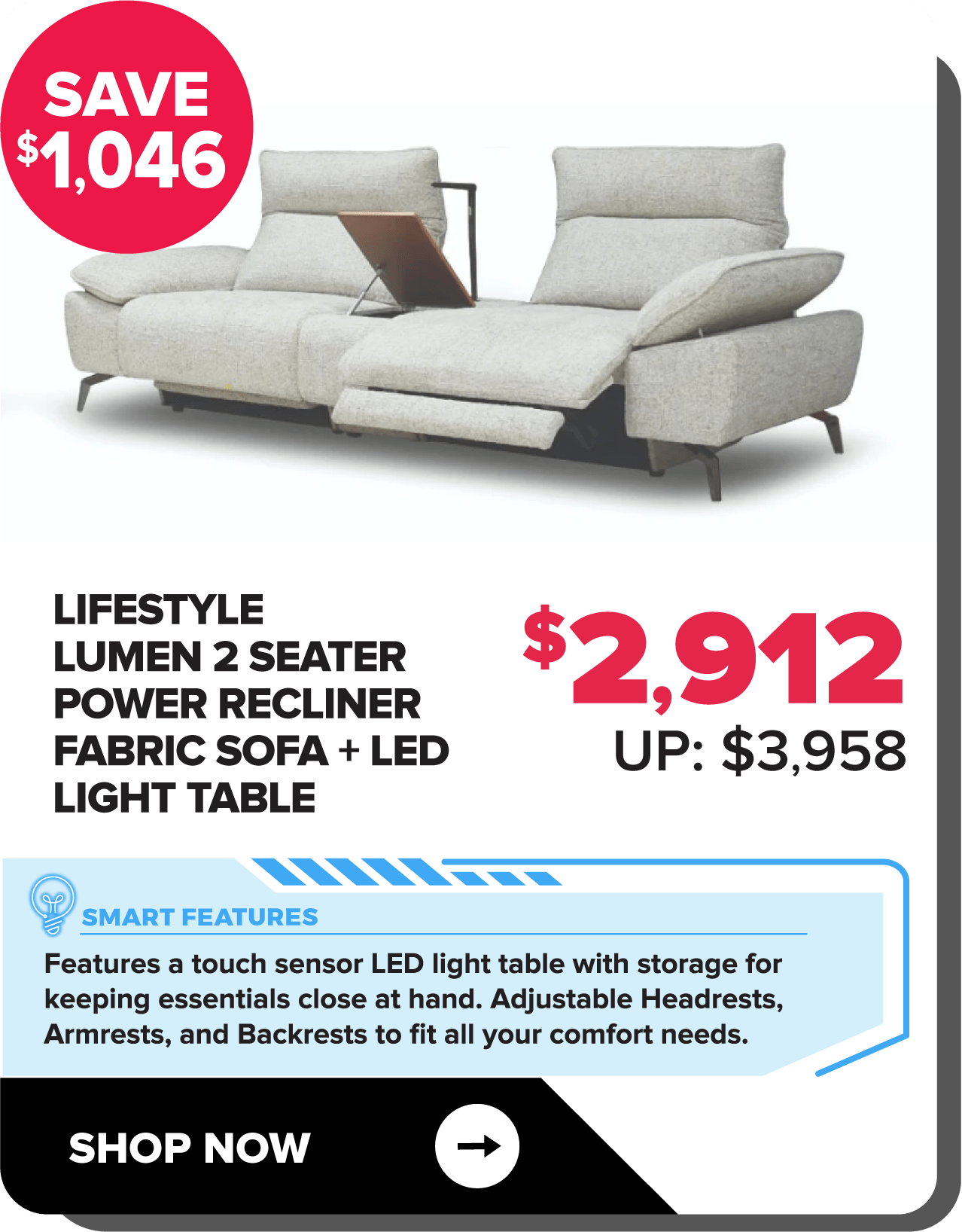 LifeStyle Lumen 2 Seater Power Recliner Fabric Sofa + LED Light Table