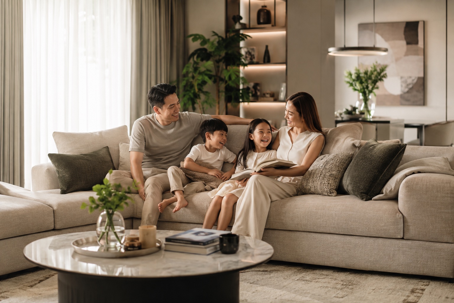 A family relaxing together on a sofa