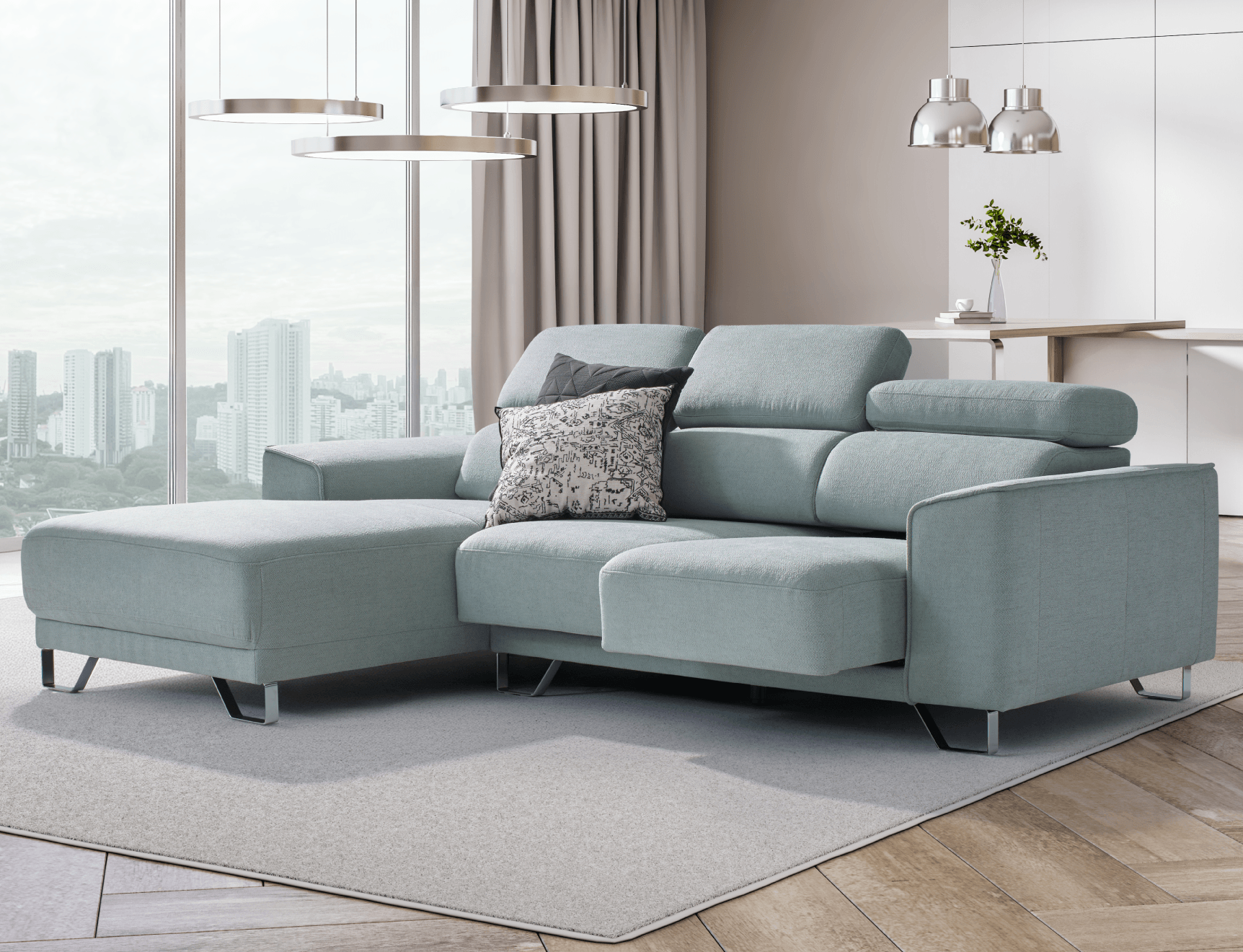 Sage green L-shaped sofa with a chaise