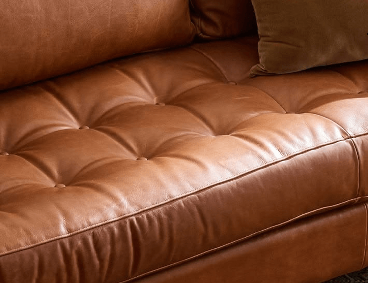 Close-up of a caramel leather sofa