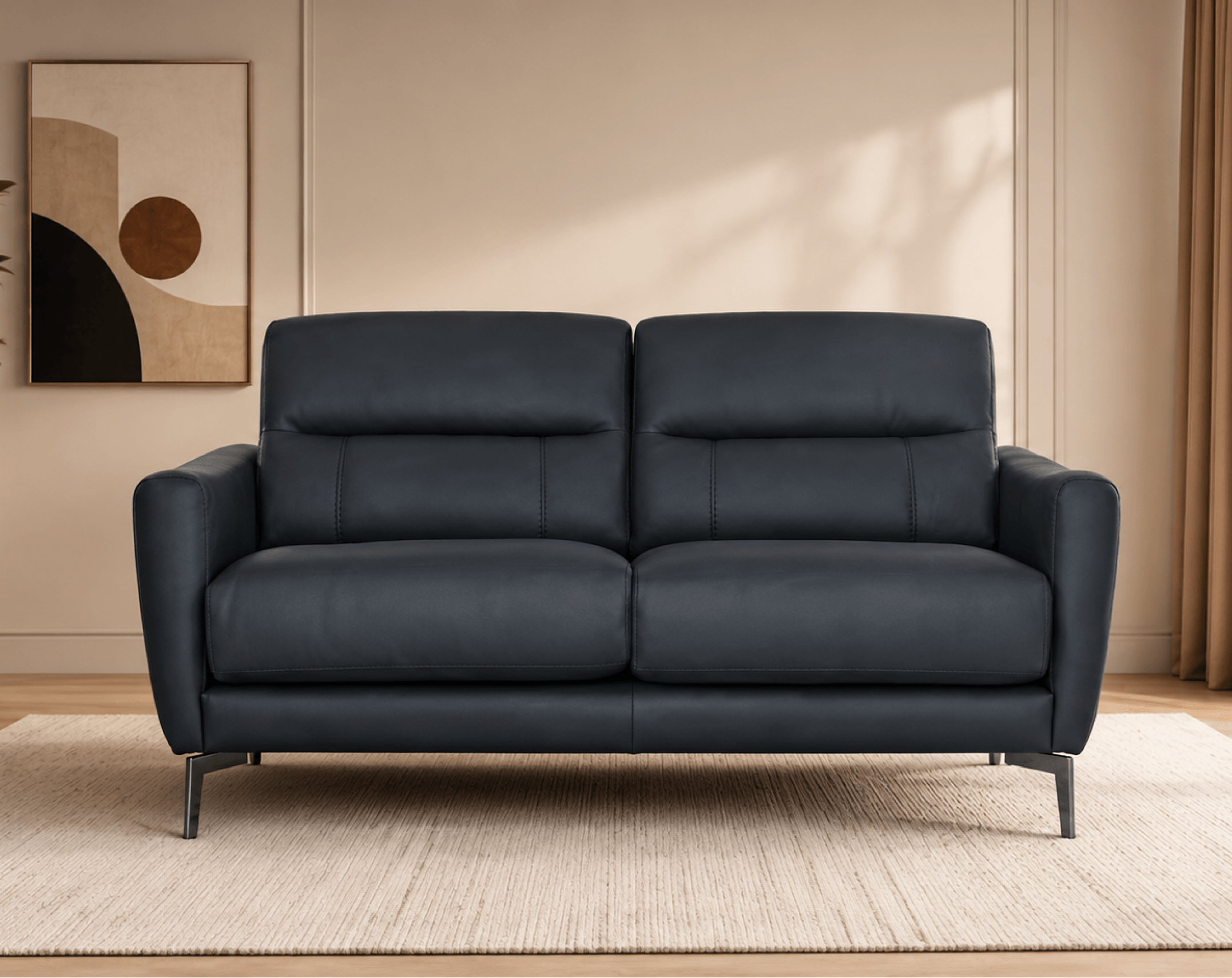 A dark leather two-seater sofa in a sunlit living room