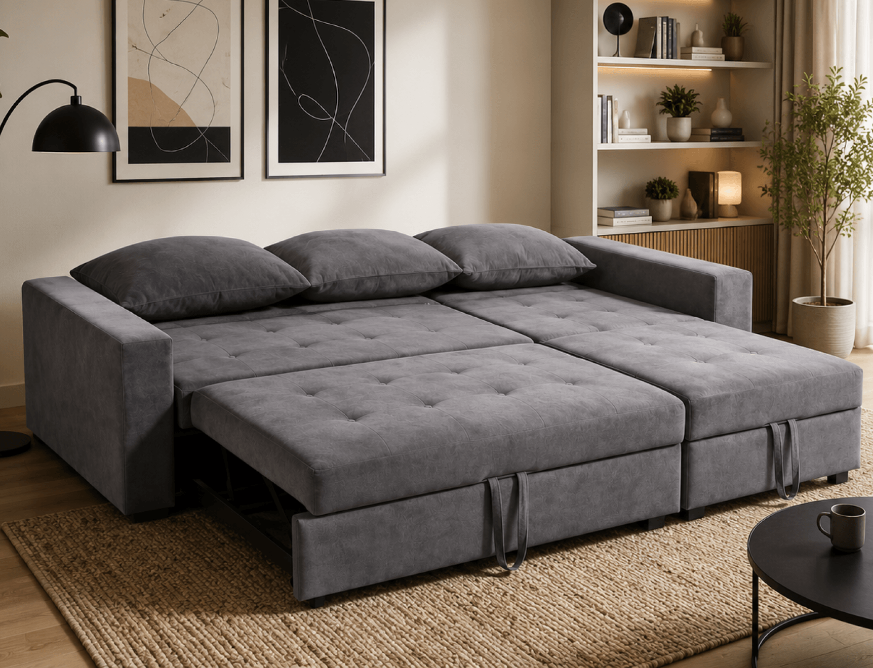 Grey sofa bed opened into a bed