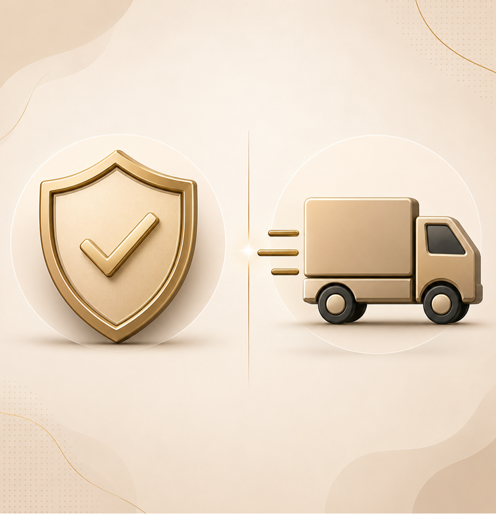 A gold warranty shield beside a delivery truck