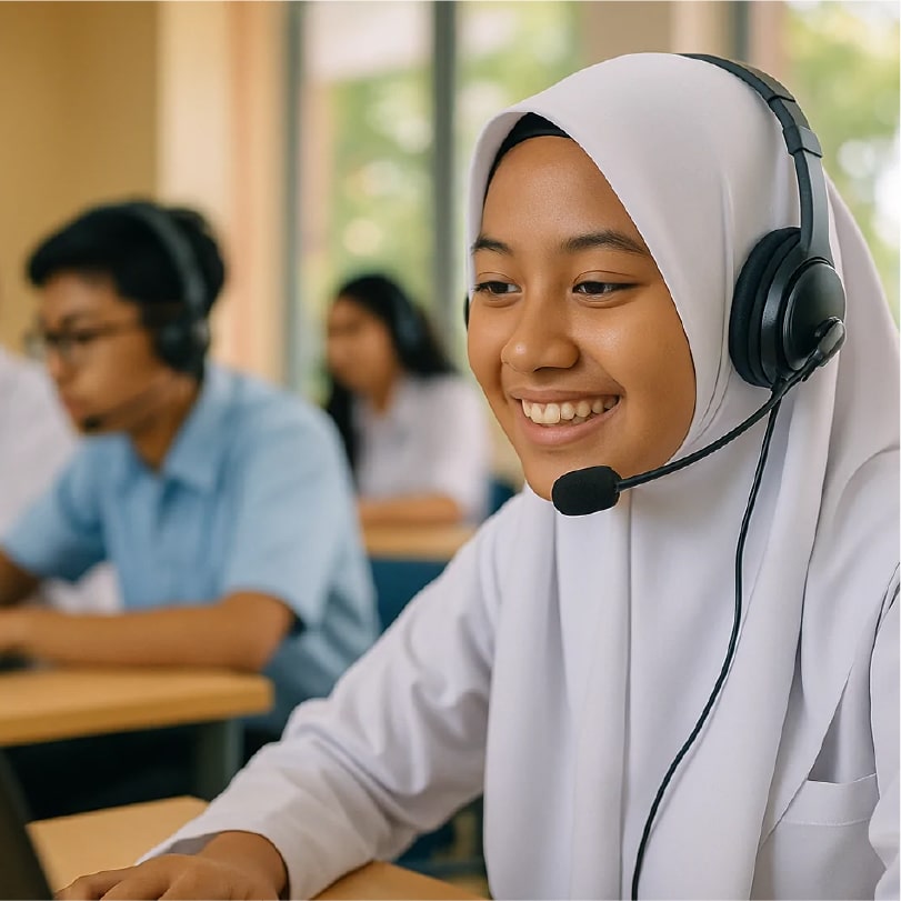 Primary school student using a phone