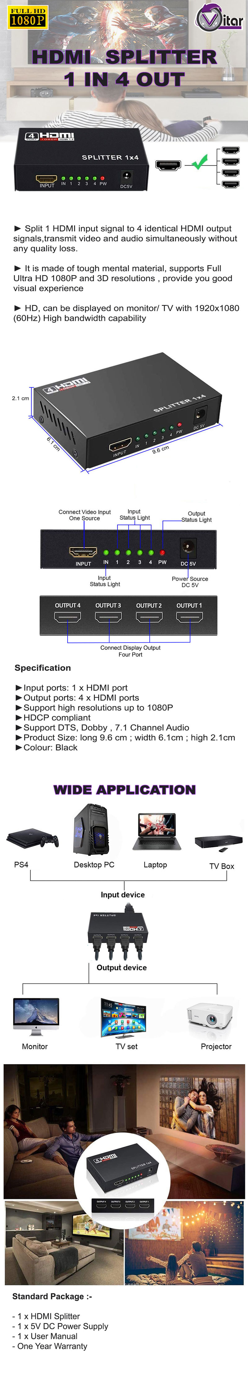 Vitar HDMI Splitter (1 In 4 Out)