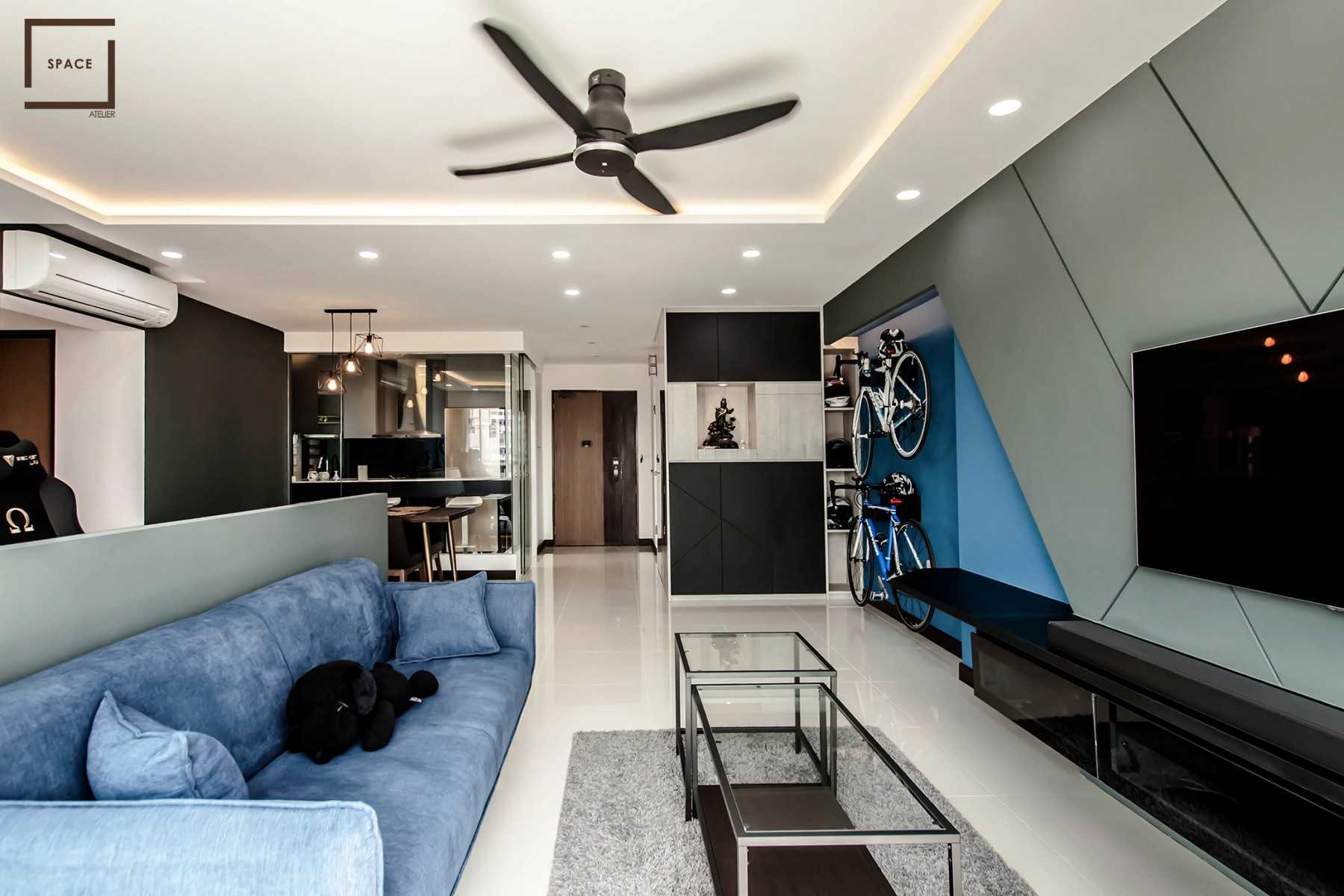 Contemporary Living Room with Homogeneous Tiles and TV Console