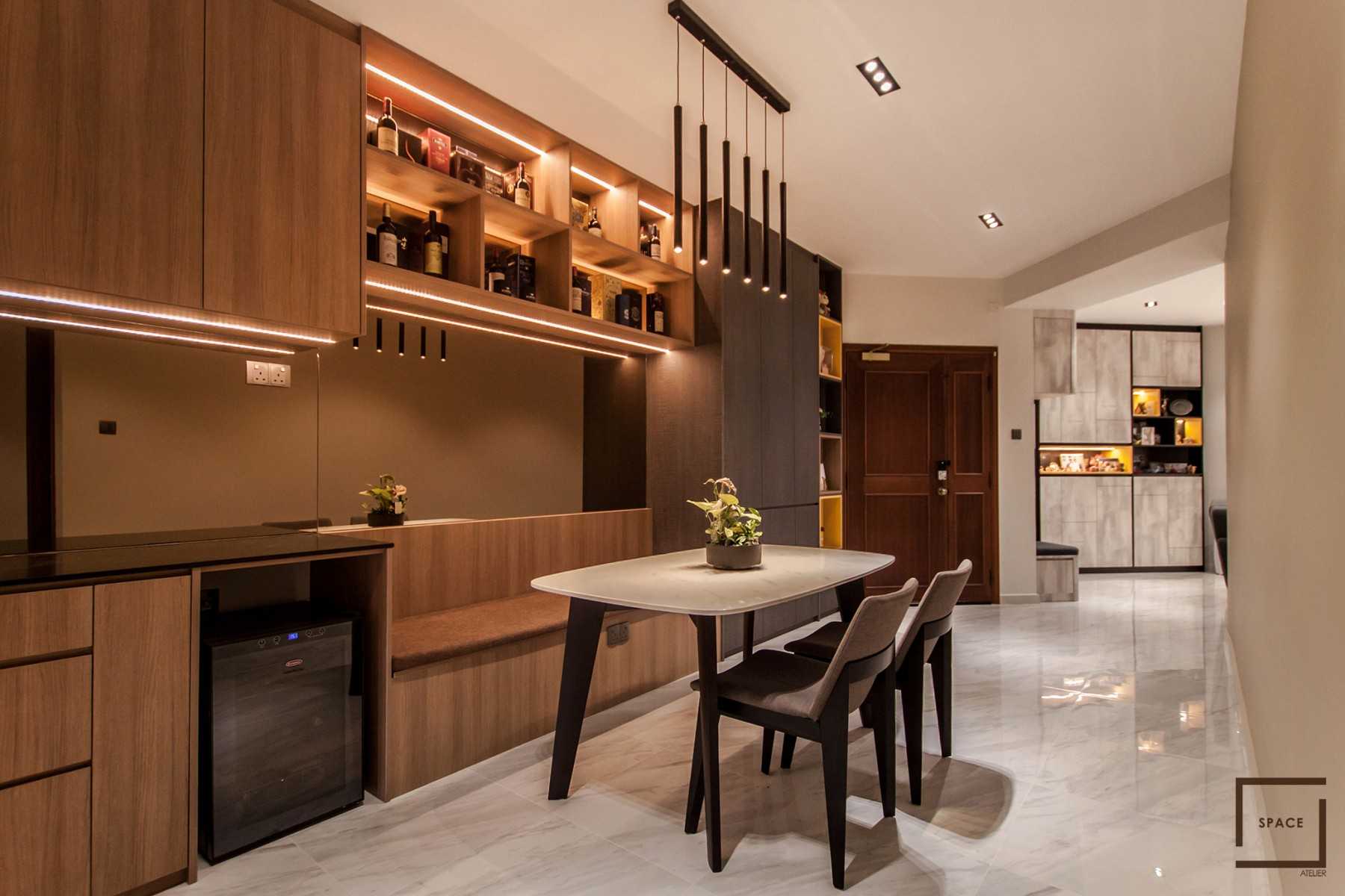 Contemporary Dining Room with Chandelier and Downlights