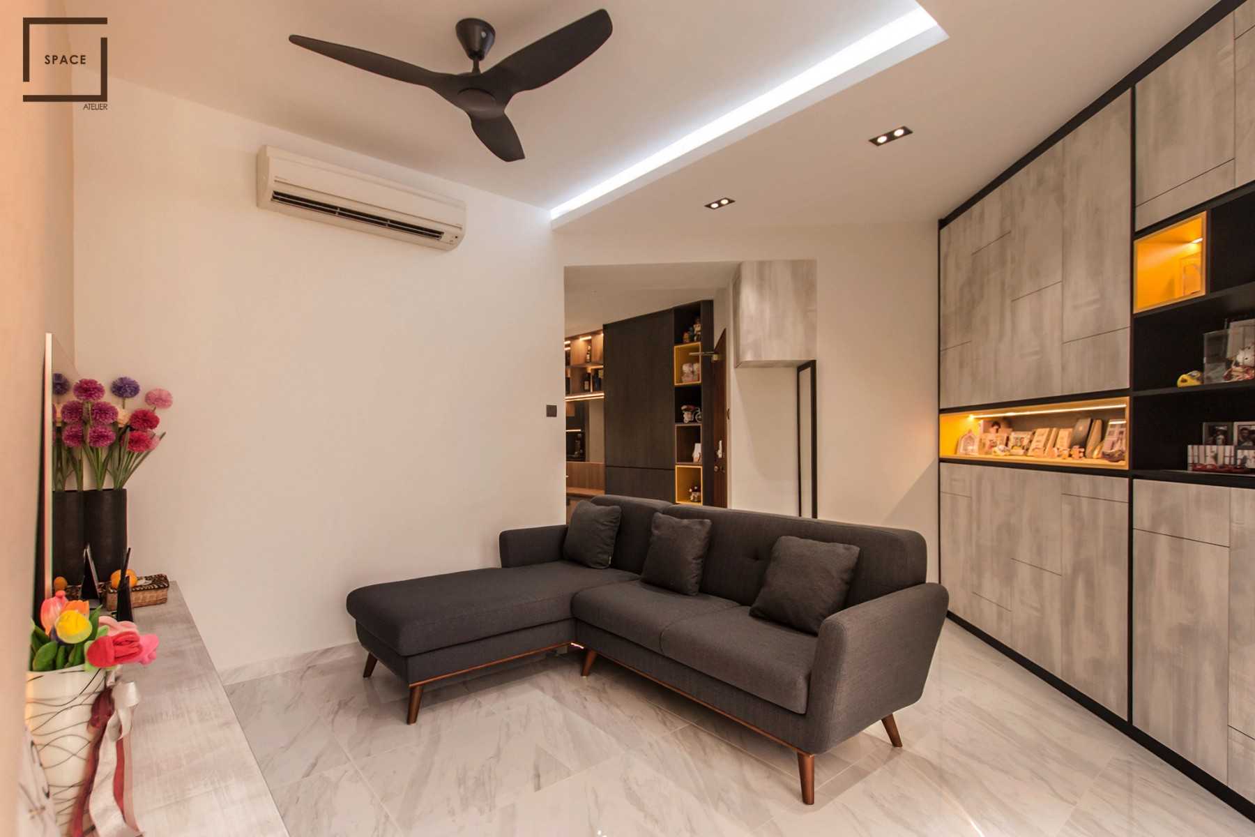 Contemporary Living Room with Granite Floor and Downlights