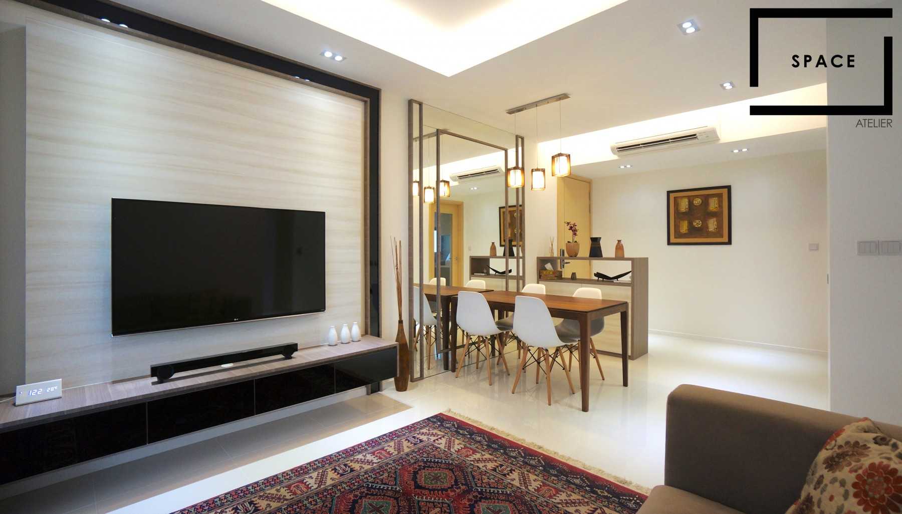 Contemporary Living Room with Homogeneous Tiles and TV Console